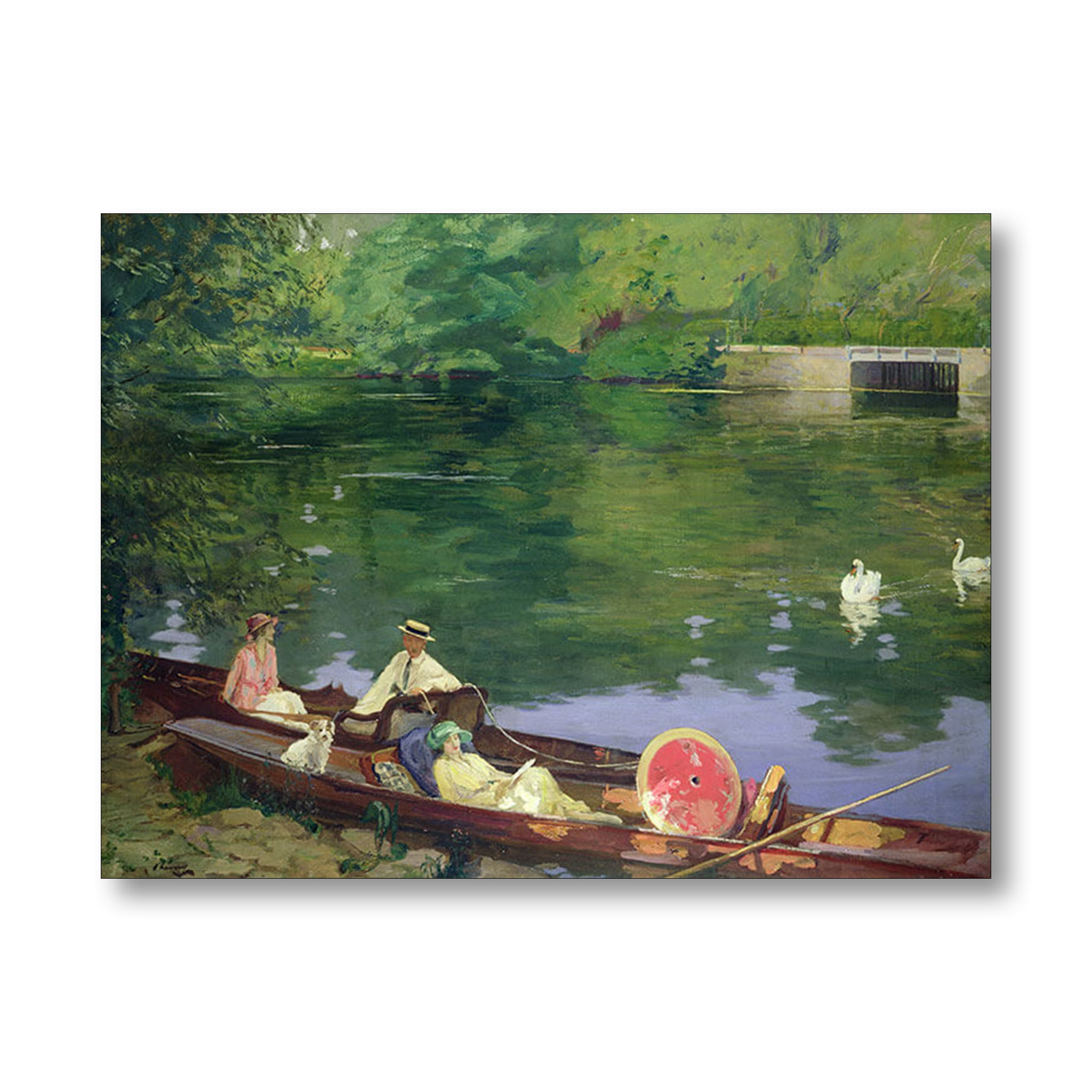 Punt on river with elegantly dressed people and dog amongst trees