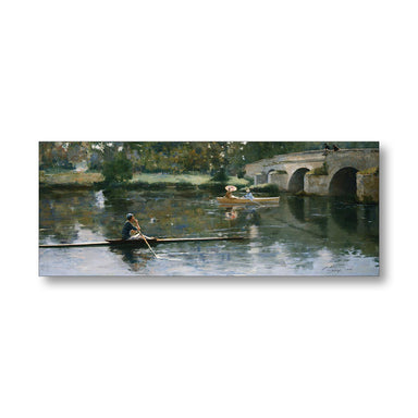 River scene with boats and rowers with bridge and trees