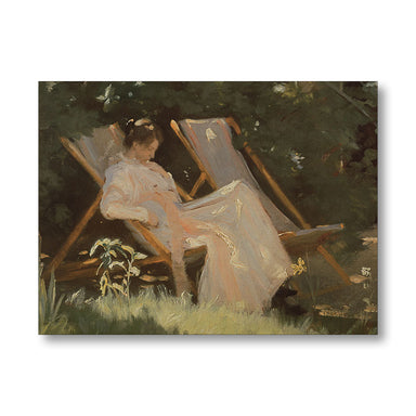 woman in white dress sitting in deck chair in garden