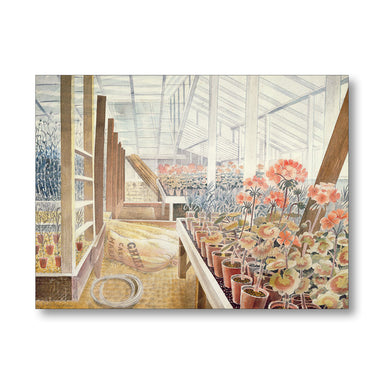 painting of carnations and geraniums in greenhouse