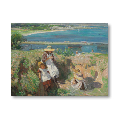 Edwardian children by the coast with bridge and boats