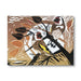 A square art print or card featuring two birds perched on branches, rendered in a stylized linocut or woodcut-like design with brown, black, white, yellow, and orange tones. The artwork is shown against a plain white background with a soft shadow.