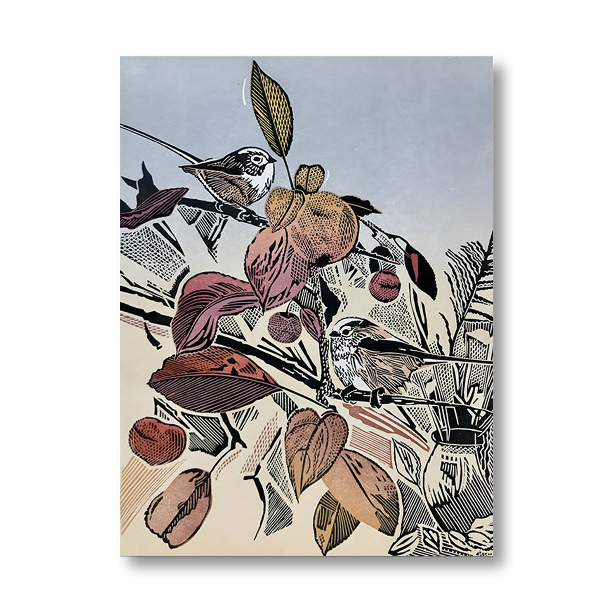 A vertical art print featuring a stylized illustration of two small birds perched among branches with leaves and berries, rendered in muted earth tones and gray linework on a light background.