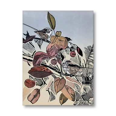 A vertical art print featuring a stylized illustration of two small birds perched among branches with leaves and berries, rendered in muted earth tones and gray linework on a light background.