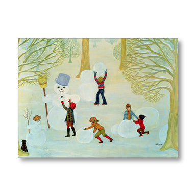 Image of greeting card featuring children building snowman 