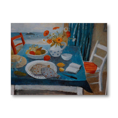Painting of a table setting with flowers, fruit, and fish by a window with a view of the sea.