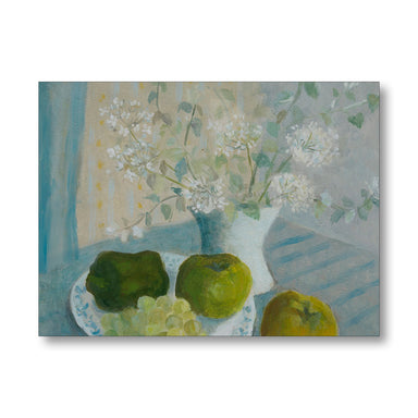 Painting of a still life with flowers, apples, and a bowl on a table.
