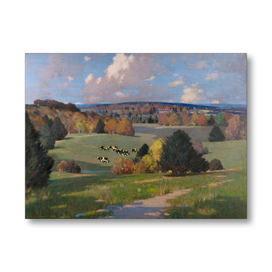 Painting of a pastoral scene with cows in a field under a blue sky.