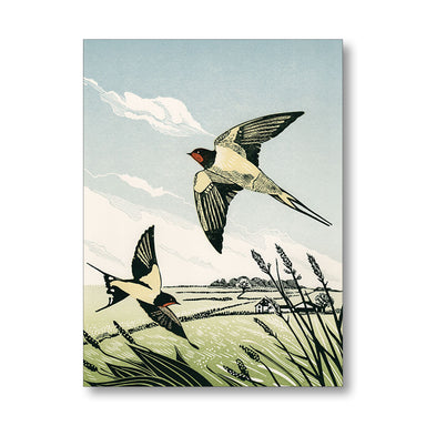 Illustration of two birds flying over a landscape with fields and a house.
