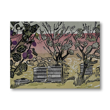 Illustration of a rural scene with trees, and bee hives on a patterned background