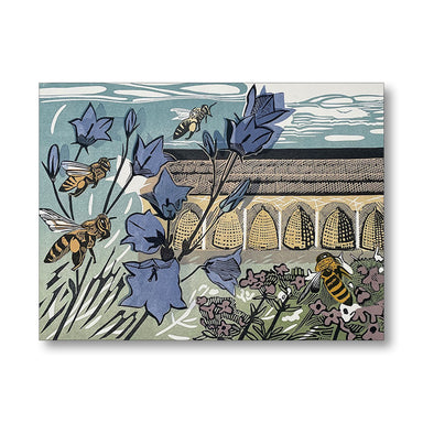 Greeting card with bees and flowers design on a blue background