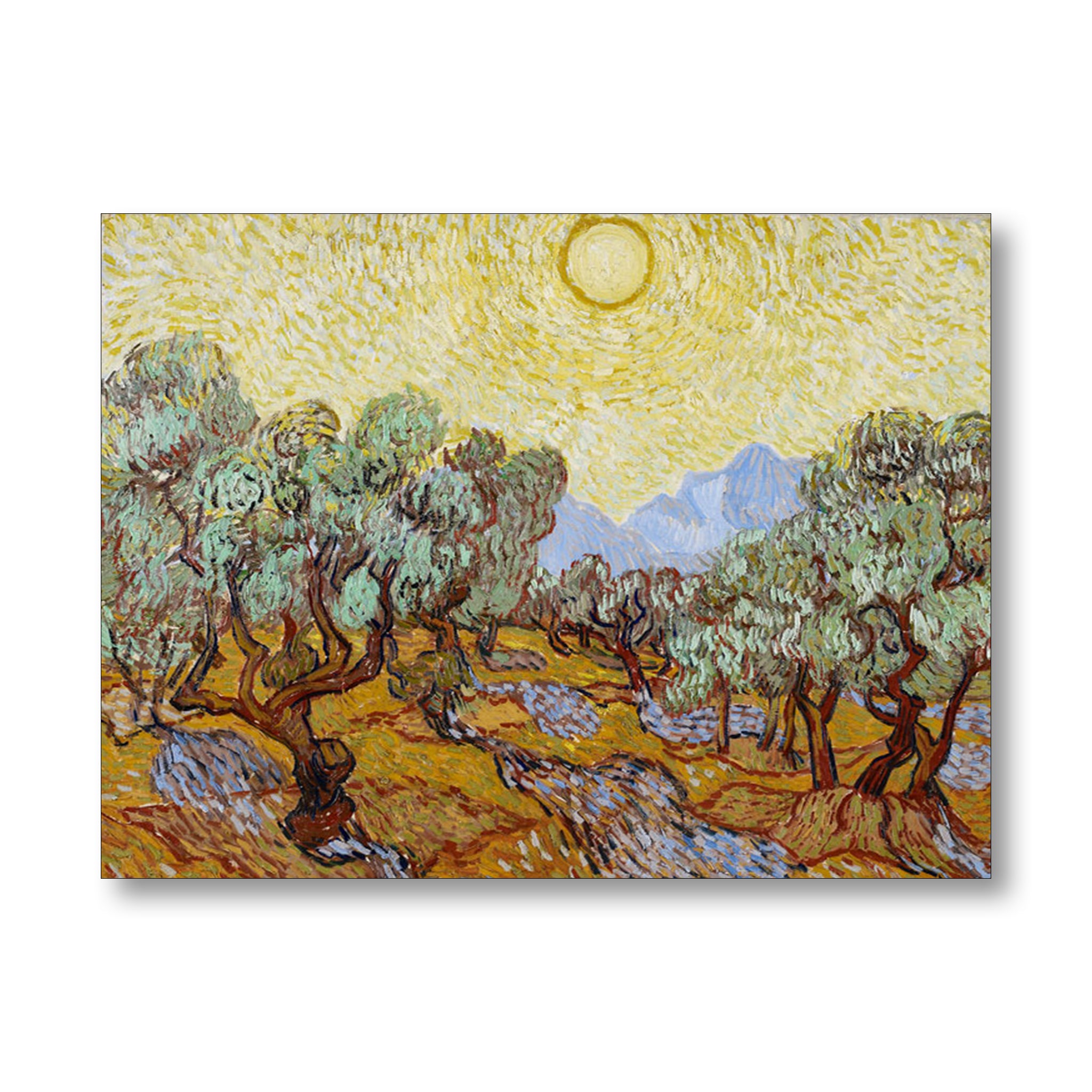 Painting of olive trees with a bright yellow sky, likely by Van Gogh
