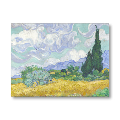 Famous painting of a landscape with cypress trees and a blue sky by Van Gogh