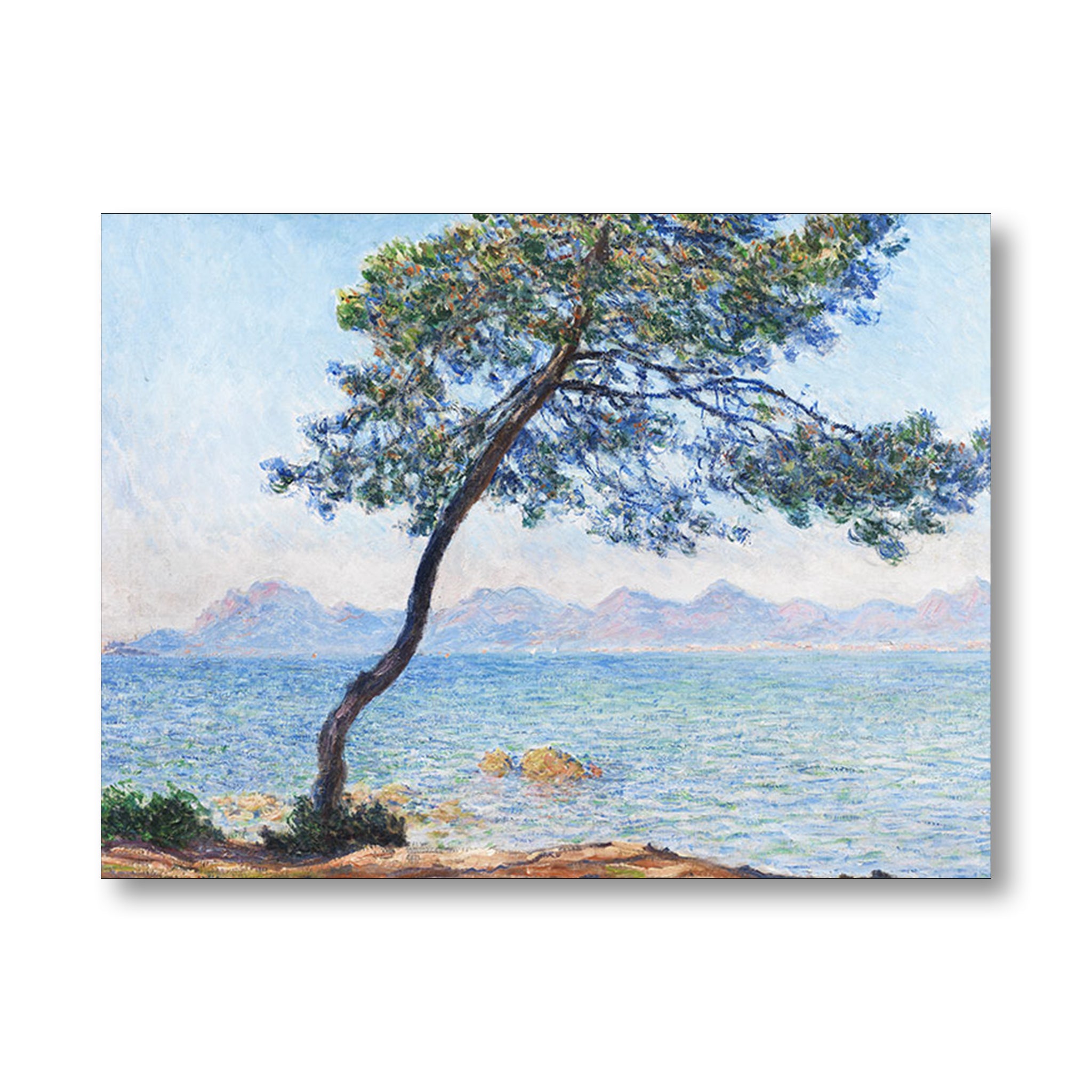 Painting of a tree by the sea with mountains in the background by Monet