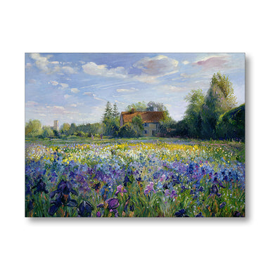 Painting of a landscape with flowers, trees, and a house.