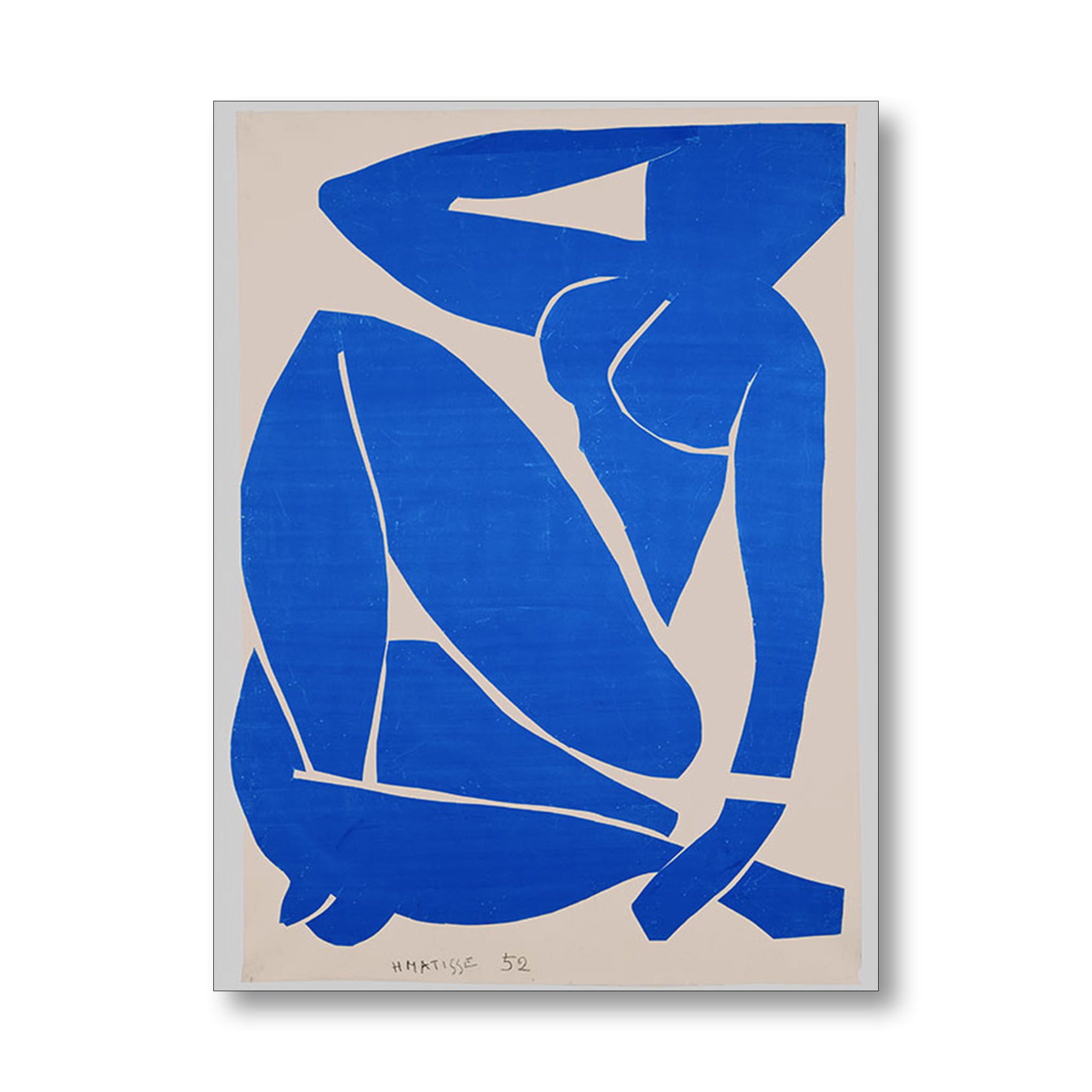 Abstract art print of a blue nude figure on a beige background by Henri Matisse