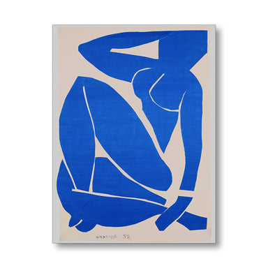 Abstract art print of a blue nude figure on a beige background by Henri Matisse