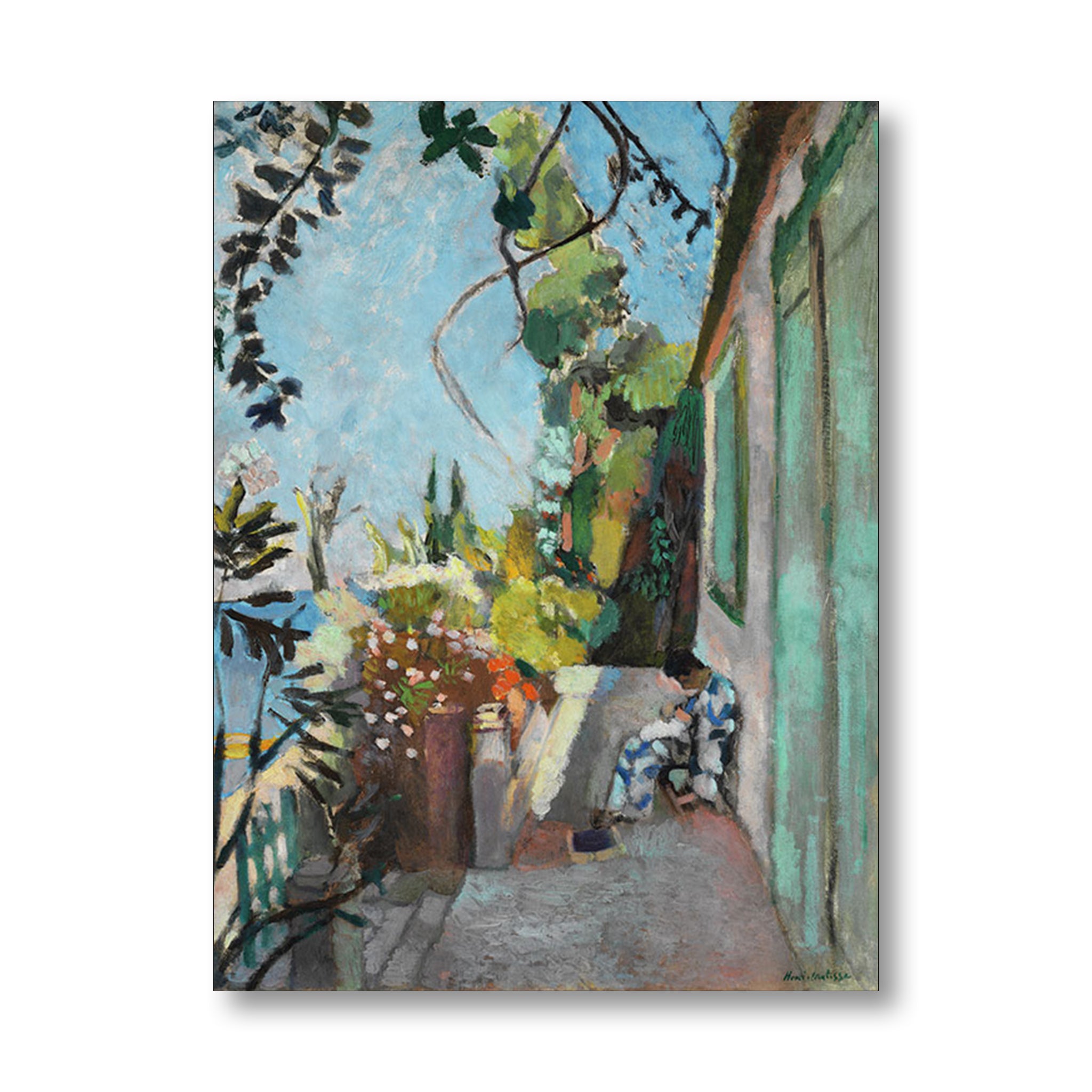 Painting of a garden scene with flowers and a building in St Tropez by Henri Matisse