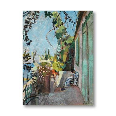 Painting of a garden scene with flowers and a building in St Tropez by Henri Matisse