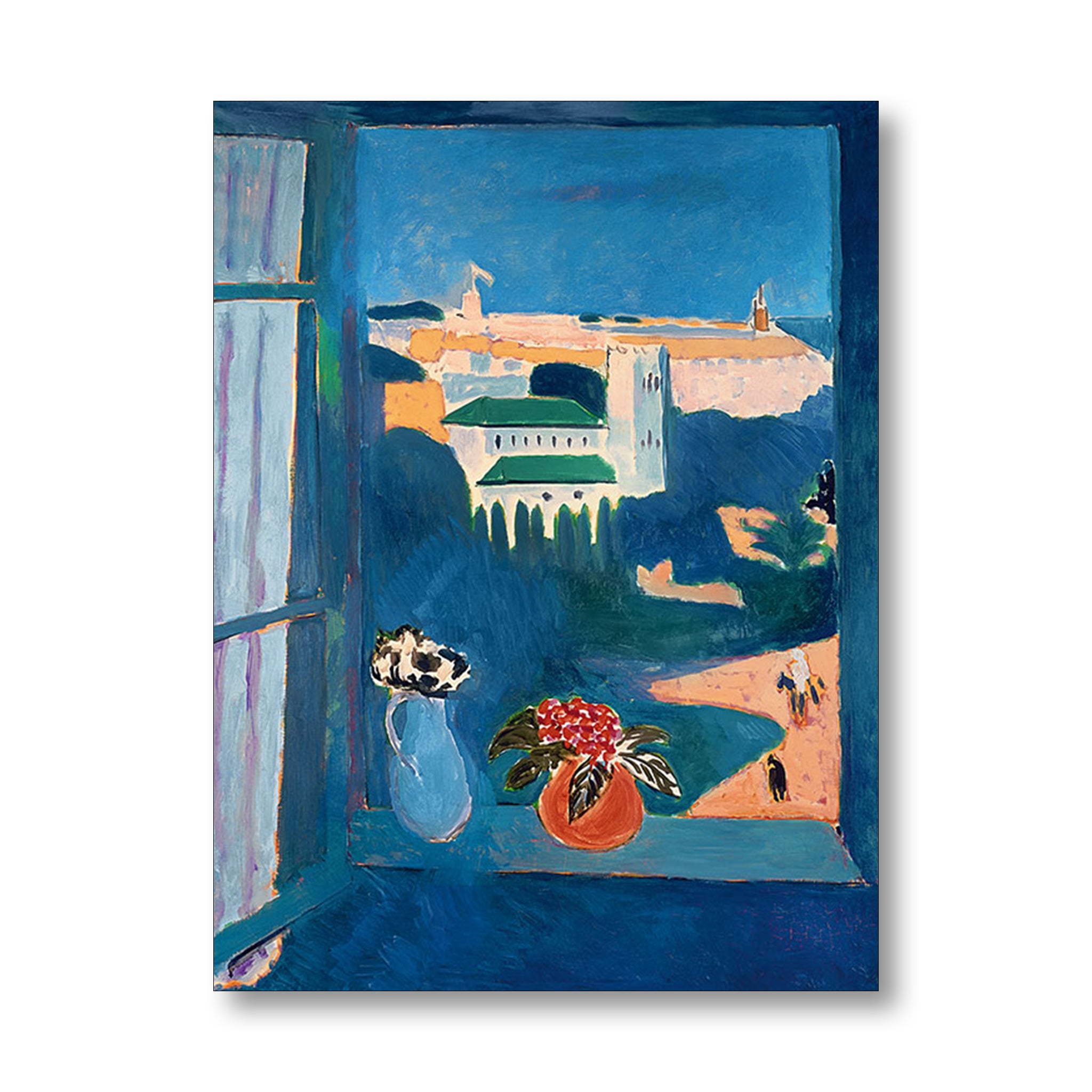 Painting of a cityscape viewed from an open window with a cat and flowers on a table by Henri Matisse