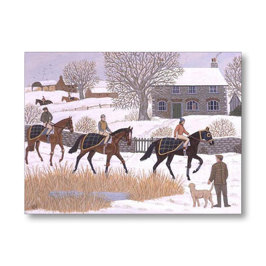 Winter scene with people on horseback and a person with a dog in a snowy landscape.
