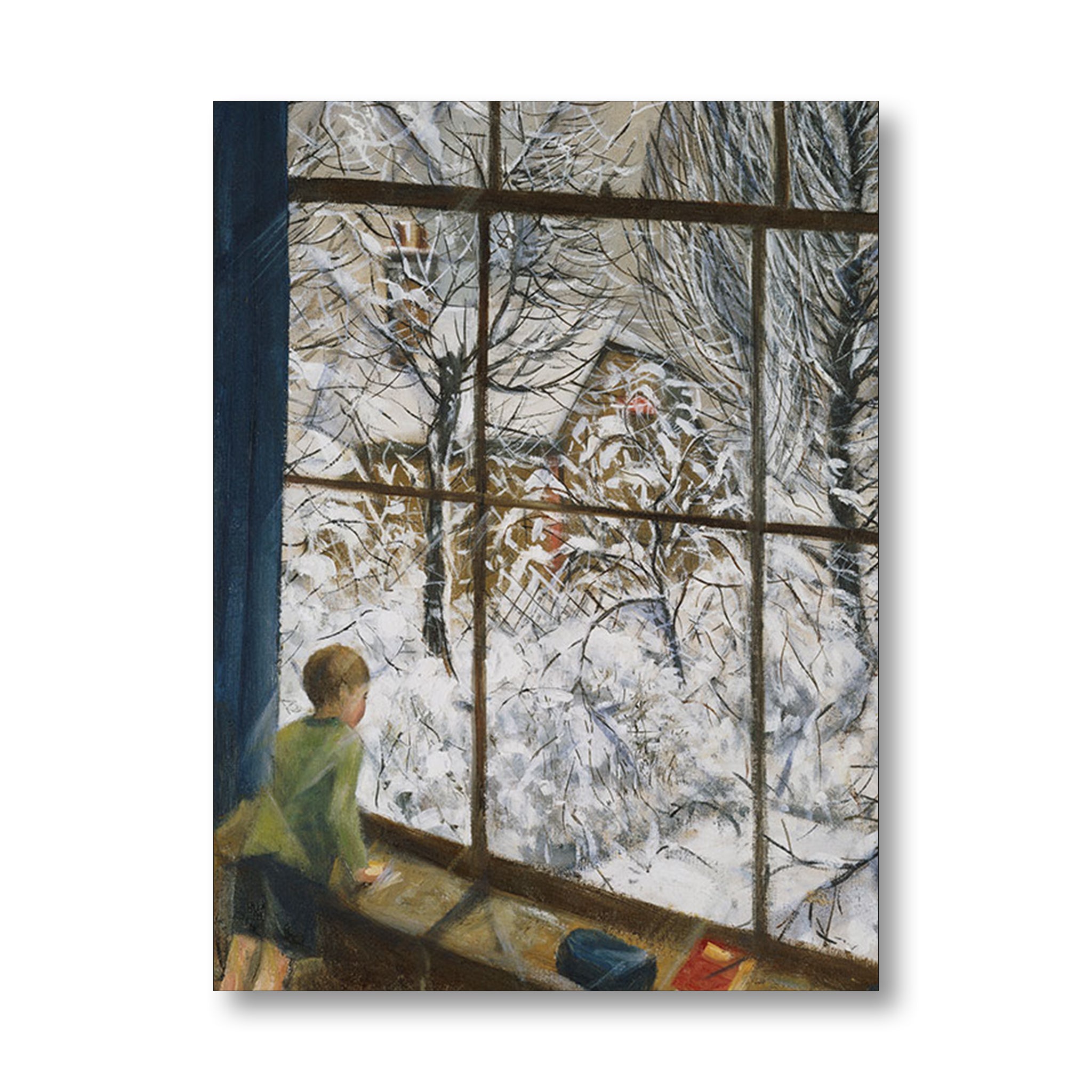 Painting of a winter scene through a window and a child looking out.
