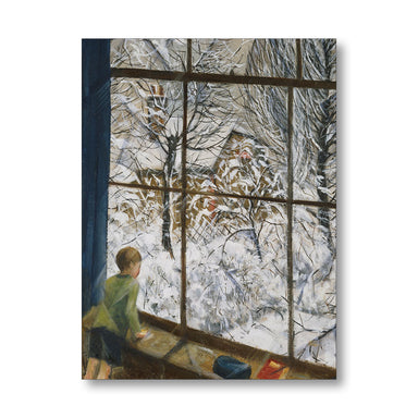 Painting of a winter scene through a window and a child looking out.