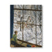 Painting of a winter scene through a window and a child looking out.