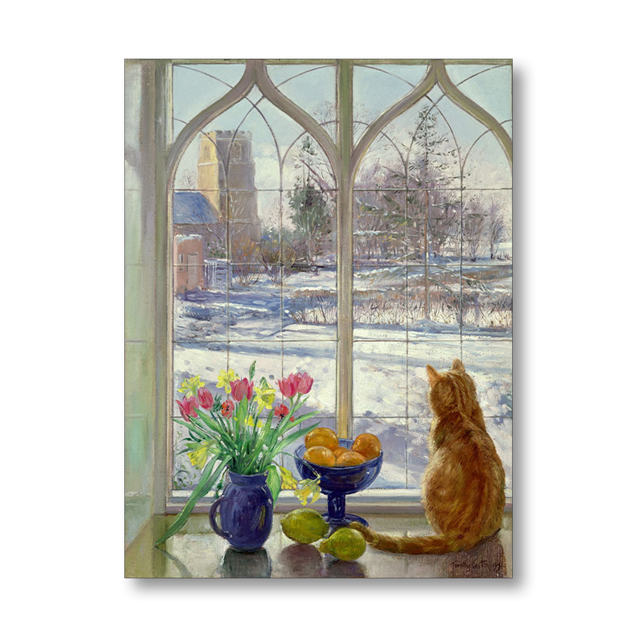 Cat sitting by a window with a view of a snowy landscape, flowers, and fruit on a table.