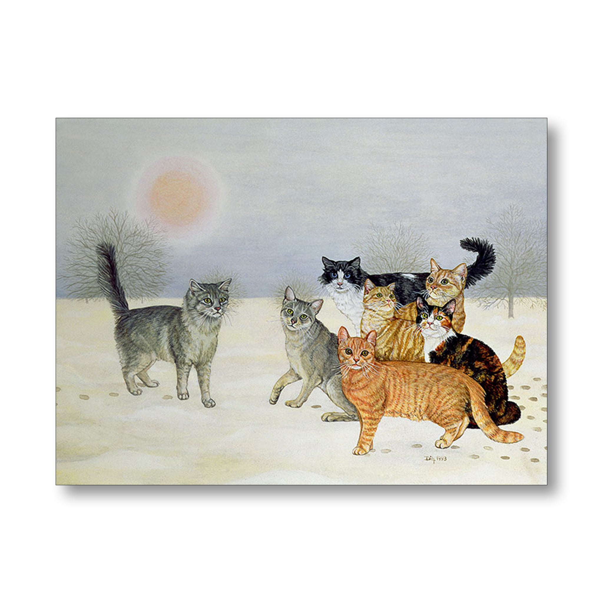 Illustration of seven cats in a snowy landscape with a sun in the background