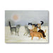 Illustration of seven cats in a snowy landscape with a sun in the background