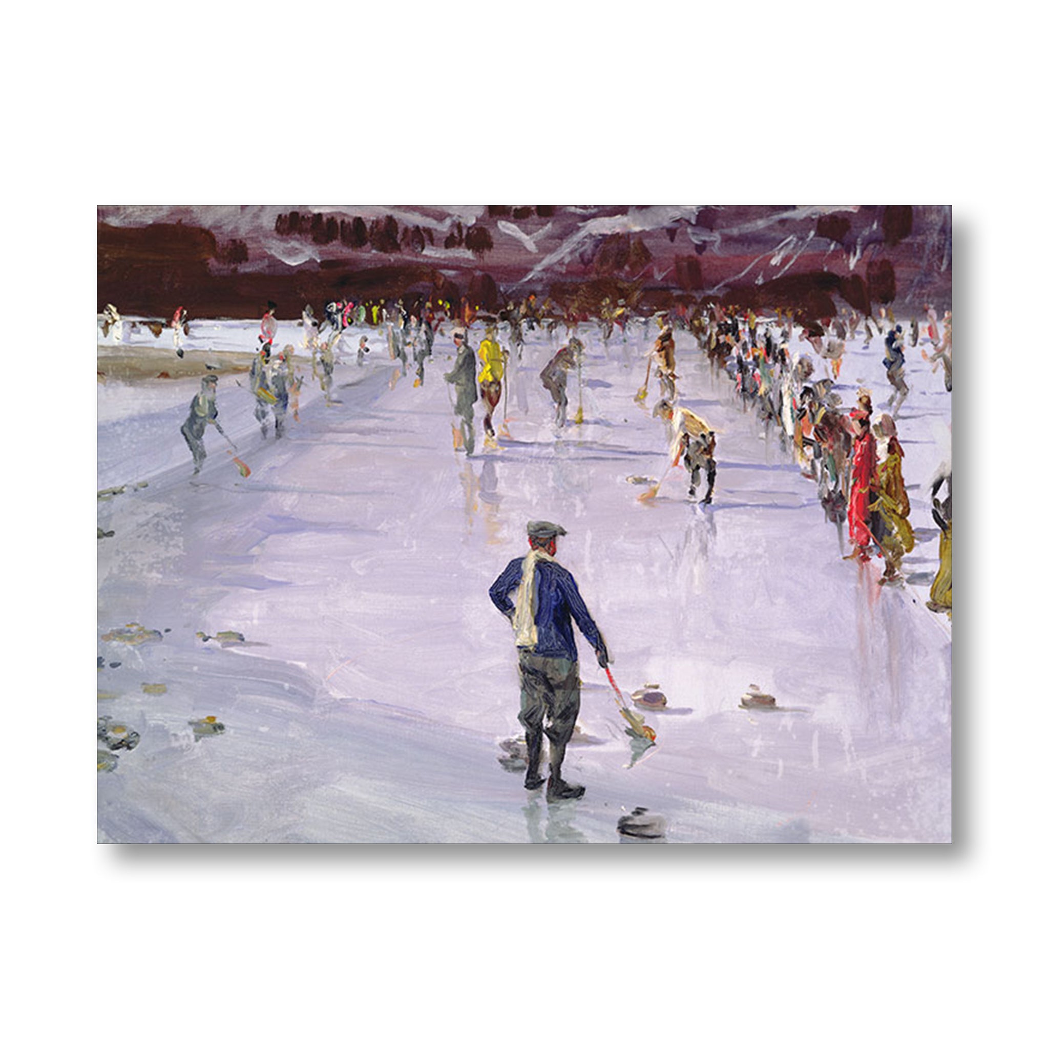 Painting of people playing curling on a frozen lake. 