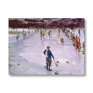 Painting of people playing curling on a frozen lake. 