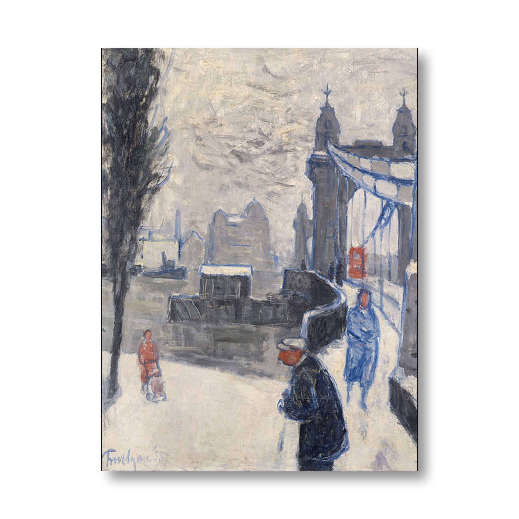 Painting of a snowy street scene with people and a bridge.