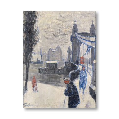 Painting of a snowy street scene with people and a bridge.