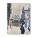 Painting of a snowy street scene with people and a bridge.