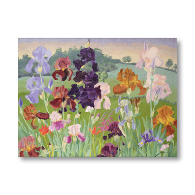 Painting of colorful irises in a garden with a landscape background