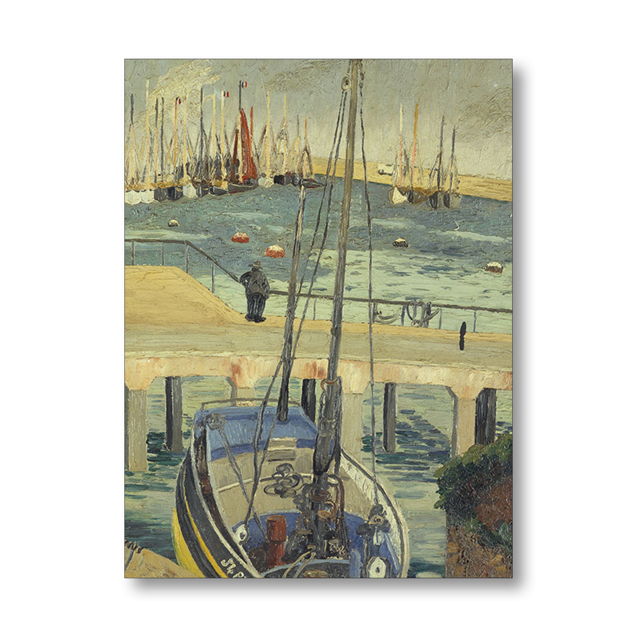 Painting of a harbor scene with boats and a dock.