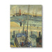 Painting of a harbor scene with boats and a dock.