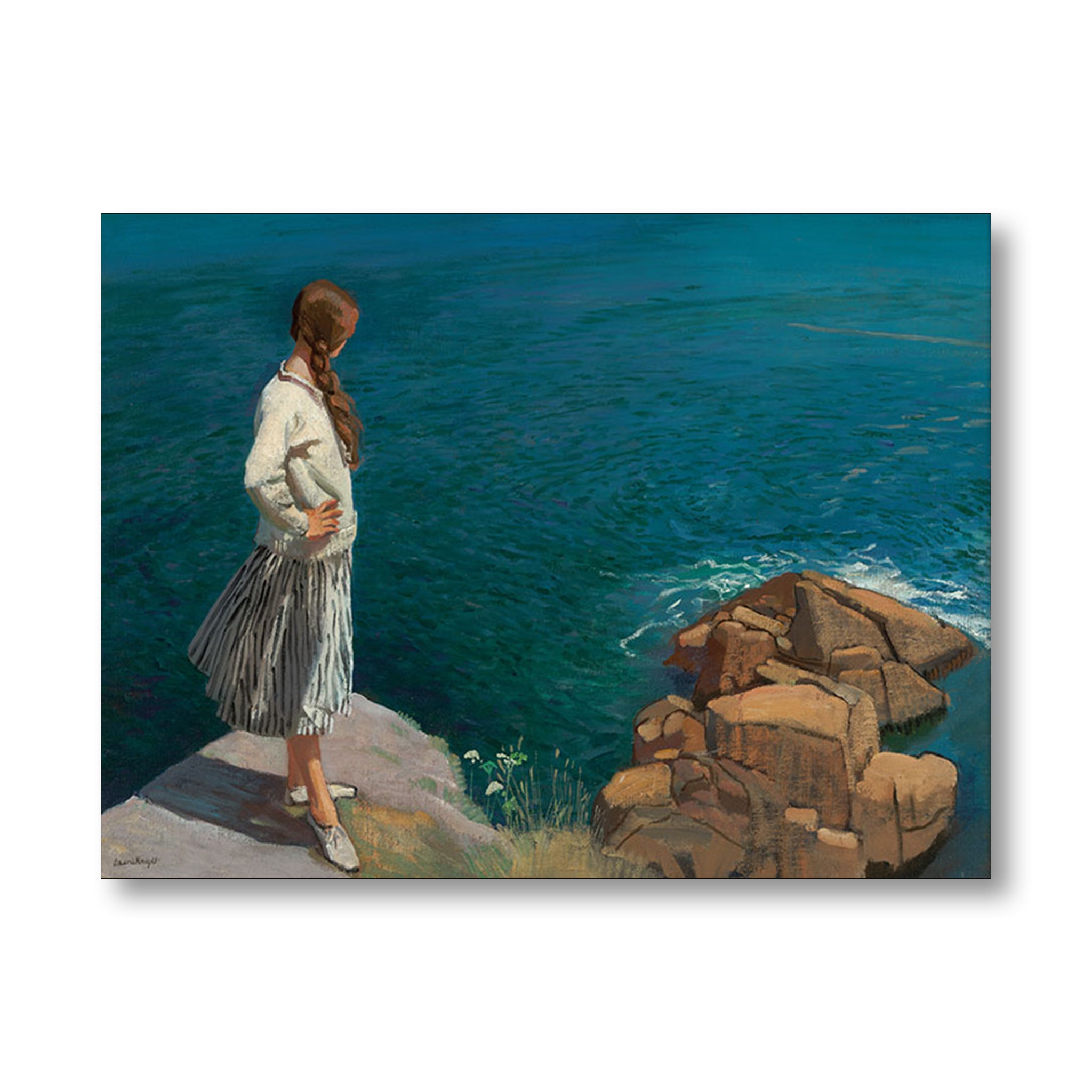Painting of a woman standing by a body of water with rocks.