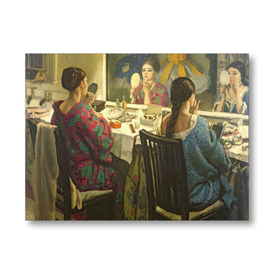 Two women sitting at a table with mirrors and vanity items, possibly in a salon or home setting.