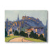 Artistic depiction of a cityscape with buildings and a mountain, possibly inspired by Edinburgh.