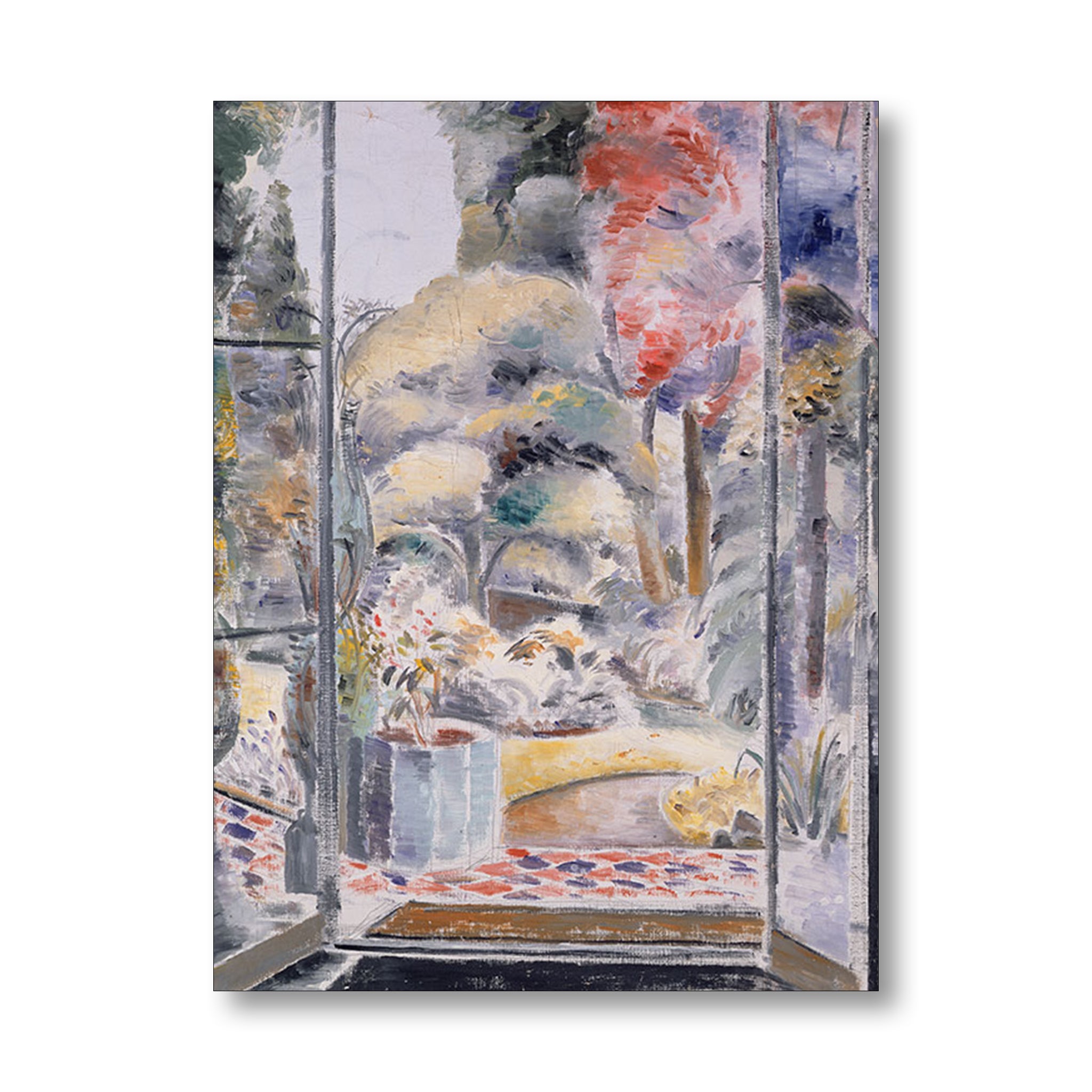 Abstract painting with swirling colors and textures on a white background