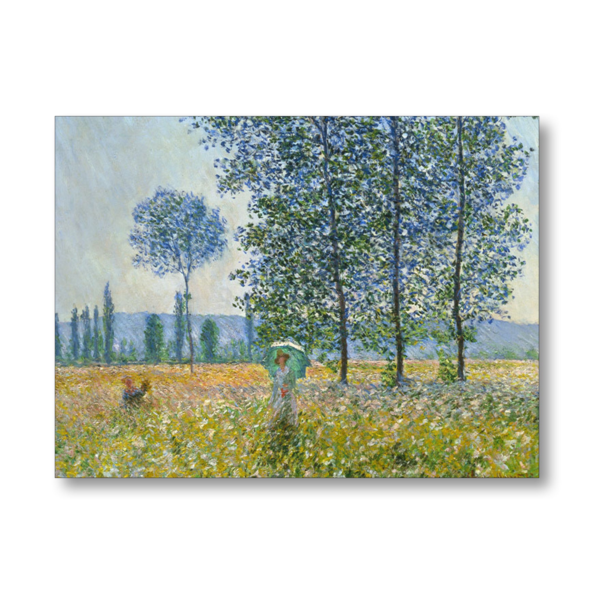 Painting of a woman with an umbrella walking through a field with trees