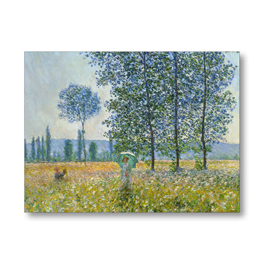 Painting of a woman with an umbrella walking through a field with trees