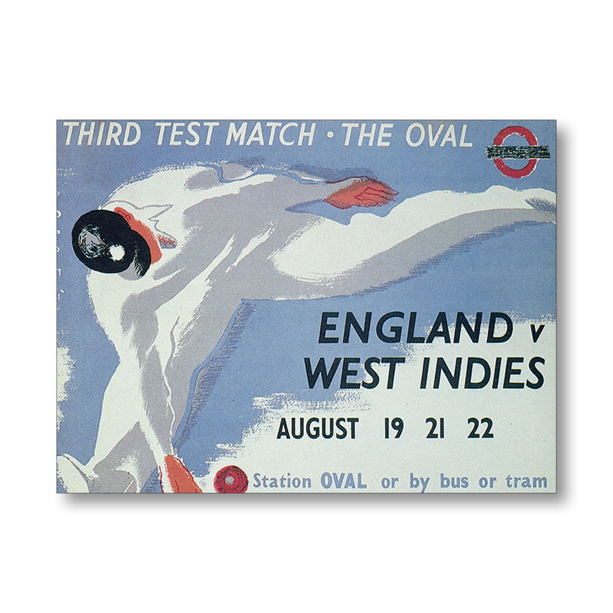 Vintage poster for a cricket match between England and West Indies at The Oval, featuring a cricketer in action.