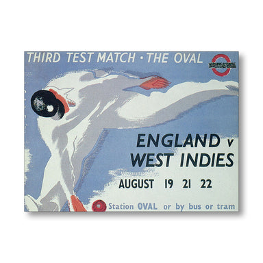 Vintage poster for a cricket match between England and West Indies at The Oval, featuring a cricketer in action.