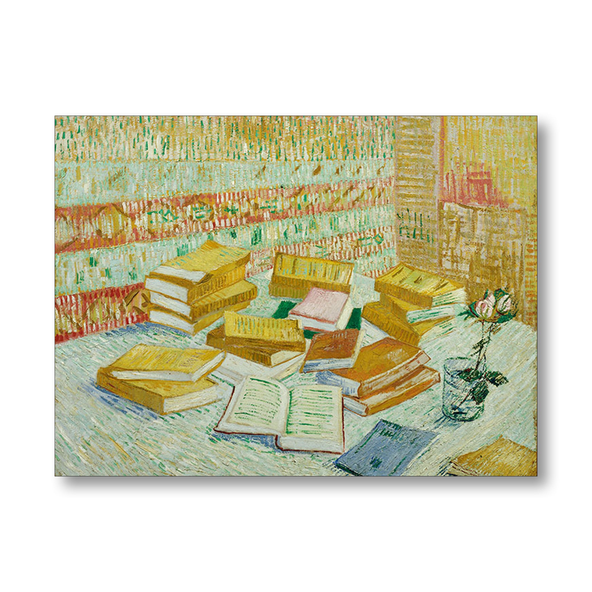 Painting of a room with books and a vase on a table, featuring Van Gogh's signature style.
