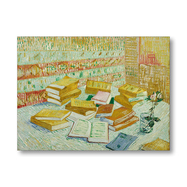 Painting of a room with books and a vase on a table, featuring Van Gogh's signature style.