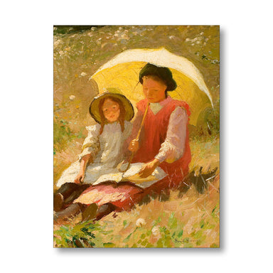 Painting of two women sitting under a yellow umbrella in a garden.